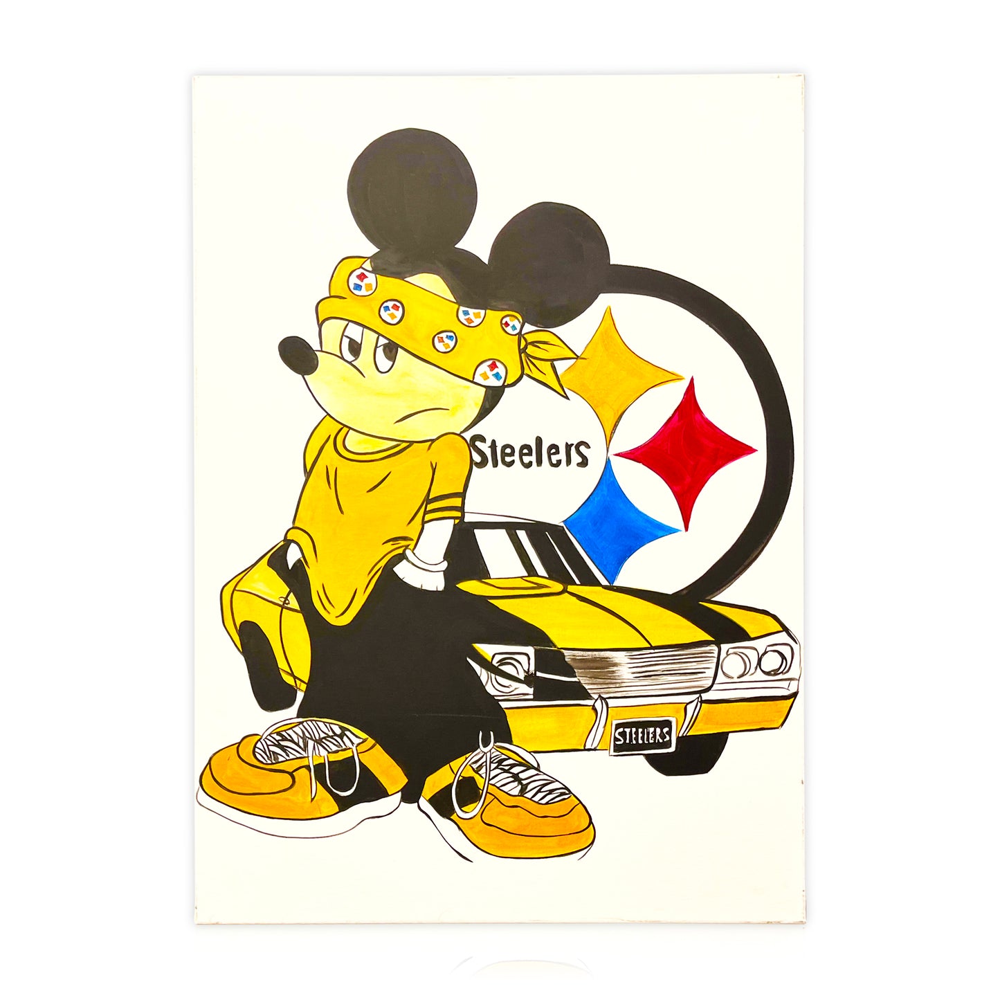 SPLENDIDO DIPINTO A MANO ISPIRATO A "TOPOLINO PER STEELERS”
MISURA 70X100