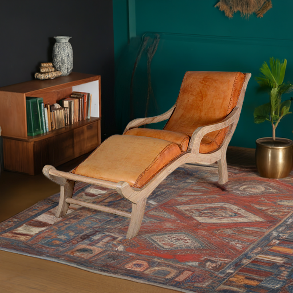 CHAISE LONG IN LEGNO DI TEAK SBIANCATO E CUOIO ARANCIO