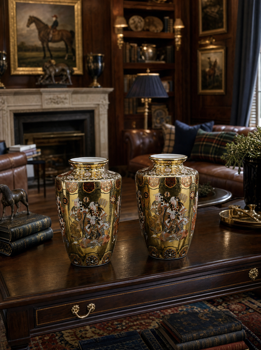 Vaso giapponese dipinto a mano con corteo di samurai — Pezzo n. 08 ambientato in interno elegante