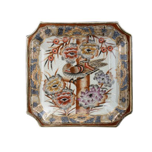 Ciotola quadrata in porcellana dipinta a mano con uccello tra peonie e bordo terracotta