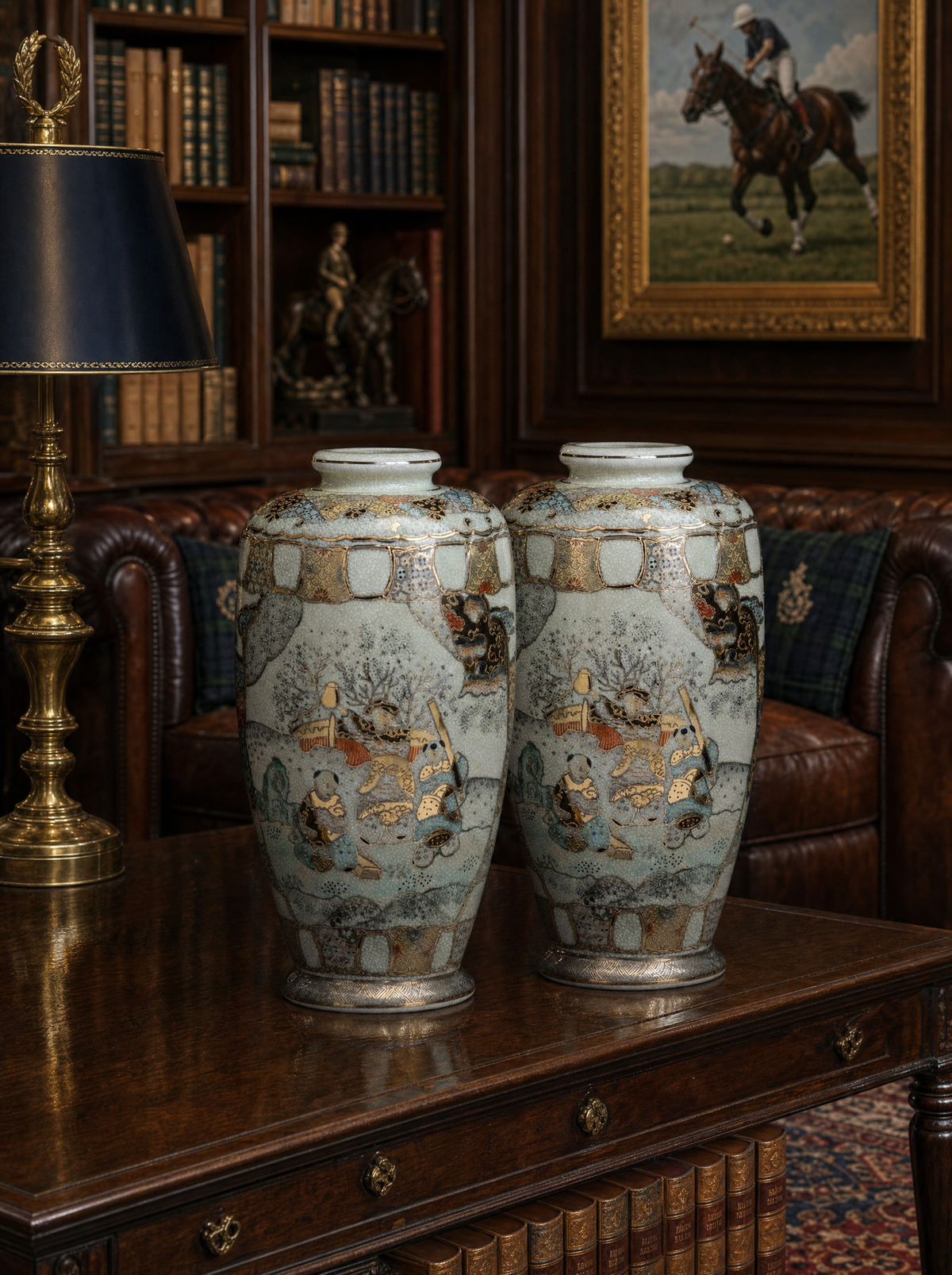 Dettaglio decorazione dipinta a mano vaso giapponese con samurai