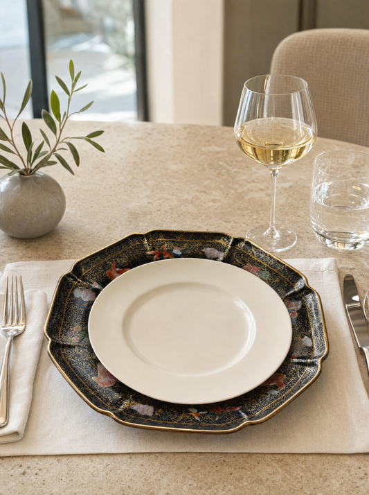 Piatto porcellana con uccelli ambientato come sottopiatto decorativo
