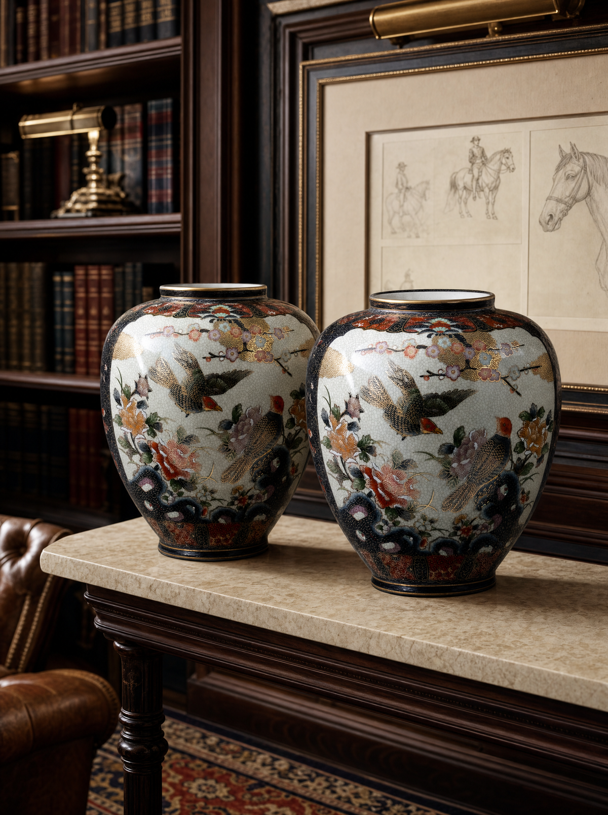 Dettaglio della decorazione dipinta a mano del Vaso giapponese dipinto a mano con uccelli e peonie su fondo nero — Pezzo n. 41