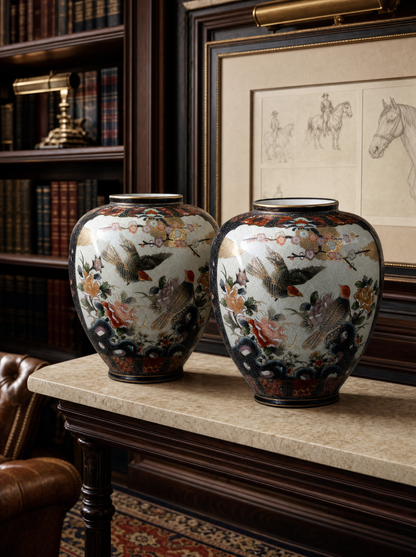 Dettaglio della decorazione dipinta a mano del Vaso giapponese dipinto a mano con uccelli e peonie su fondo nero — Pezzo n. 41