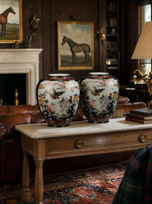 Vaso giapponese dipinto a mano con uccelli e peonie su fondo nero — Pezzo n. 41 ambientato in interno elegante