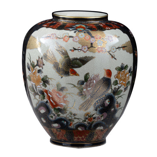 Vaso giapponese dipinto a mano con uccelli e peonie su fondo nero — Pezzo n. 41 foto originale