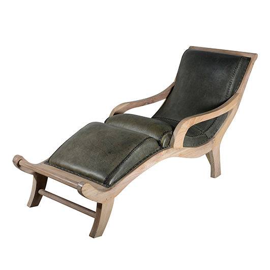 CHAISE LONG IN LEGNO DI  TEAK SBIANCATO E CUOIO AZZURRO
