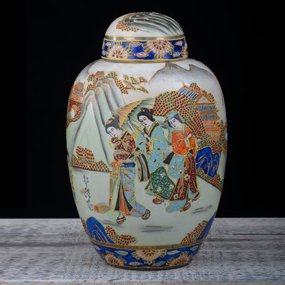 Potiche in porcellana dipinta a mano – Dame in kimono tra le montagne | Vintage anni '50