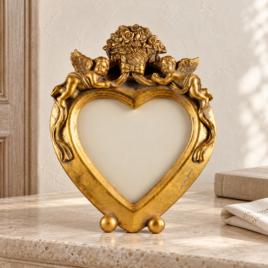 Portafoto a cuore dorato GE36555 su consolle in pietra chiara.
