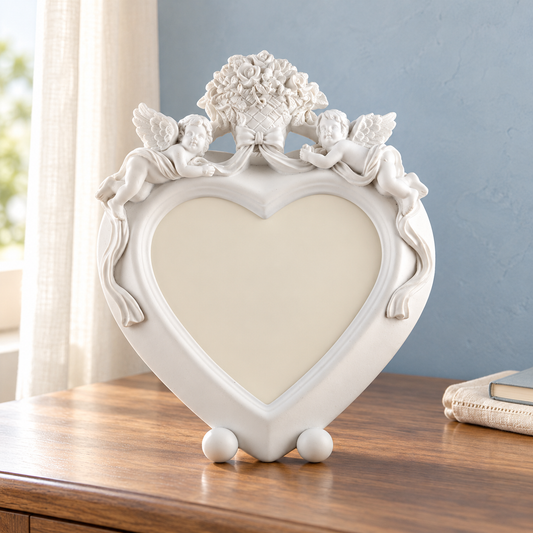 Portafoto a cuore bianco GE36555903F su toeletta in noce chiaro.