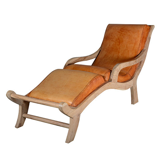 CHAISE LONG IN LEGNO DI  TEAK SBIANCATO E CUOIO ARANCIO