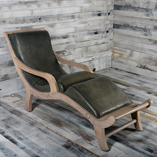 CHAISE LONG IN LEGNO DI  TEAK SBIANCATO E CUOIO AZZURRO