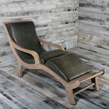 CHAISE LONG IN LEGNO DI  TEAK SBIANCATO E CUOIO AZZURRO