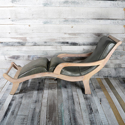 CHAISE LONG IN LEGNO DI  TEAK SBIANCATO E CUOIO AZZURRO