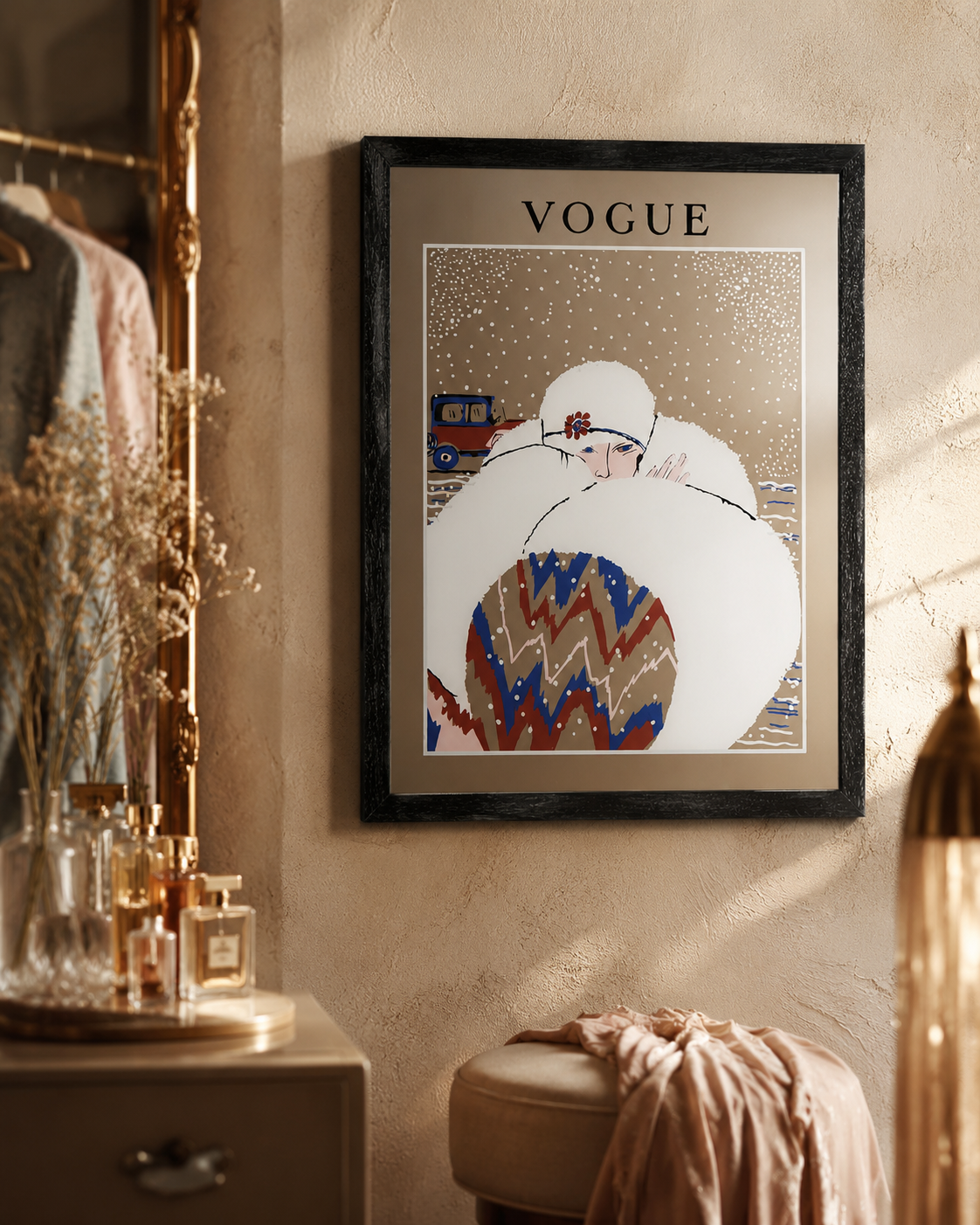 Specchio vintage collezione Vogue – Pelliccia nella neve, 45 × 60 cm