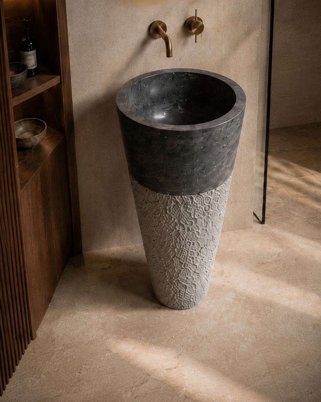 Lavabo Freestanding Materia 90 in Marmo Martellinato a Mano