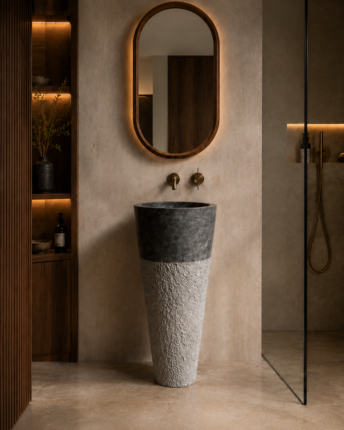 Lavabo Freestanding Materia 90 in Marmo Martellinato a Mano
