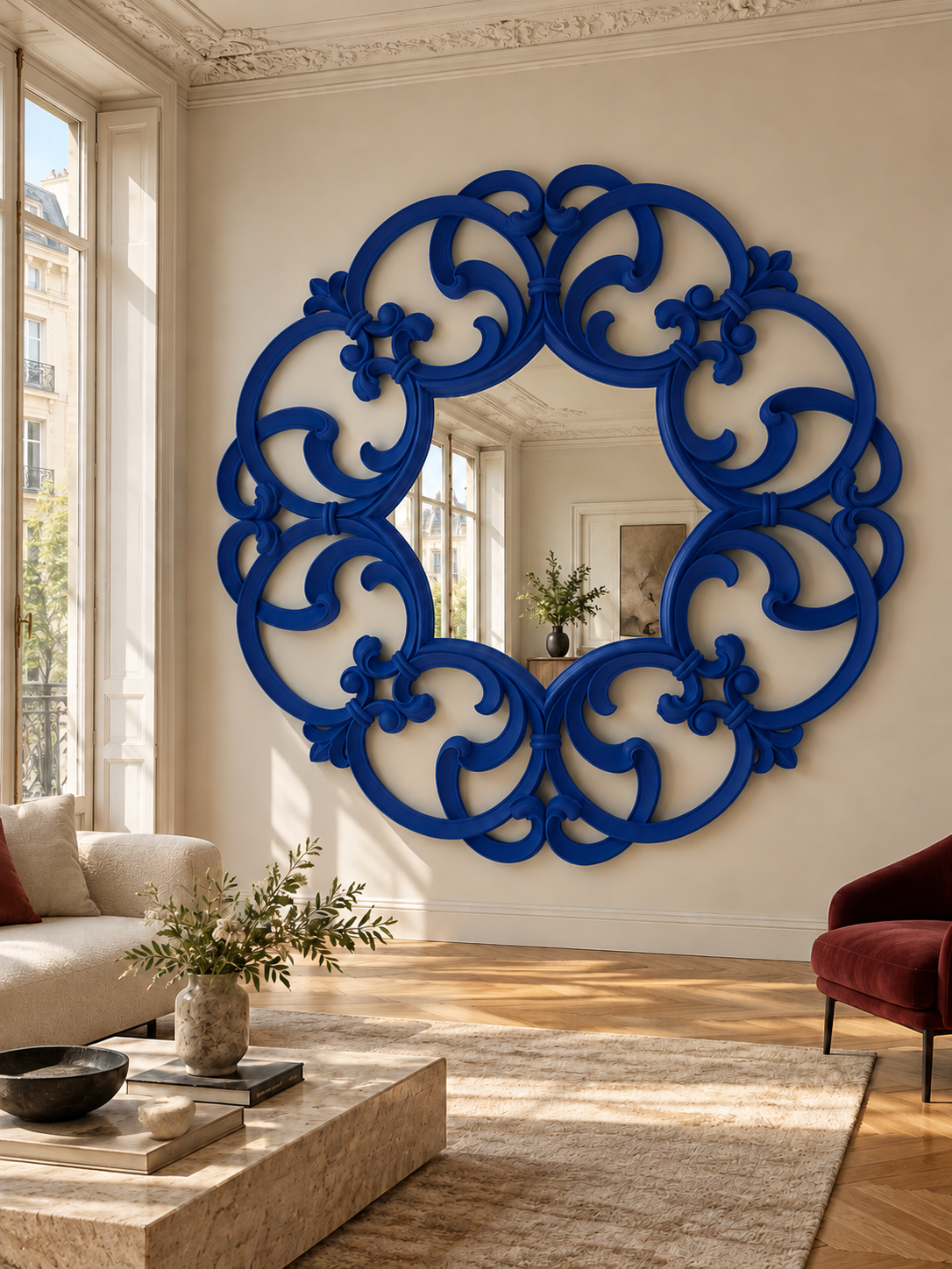 Simulazione ambientata a Brera — blu Napoleone. Diametro reale 235 cm.