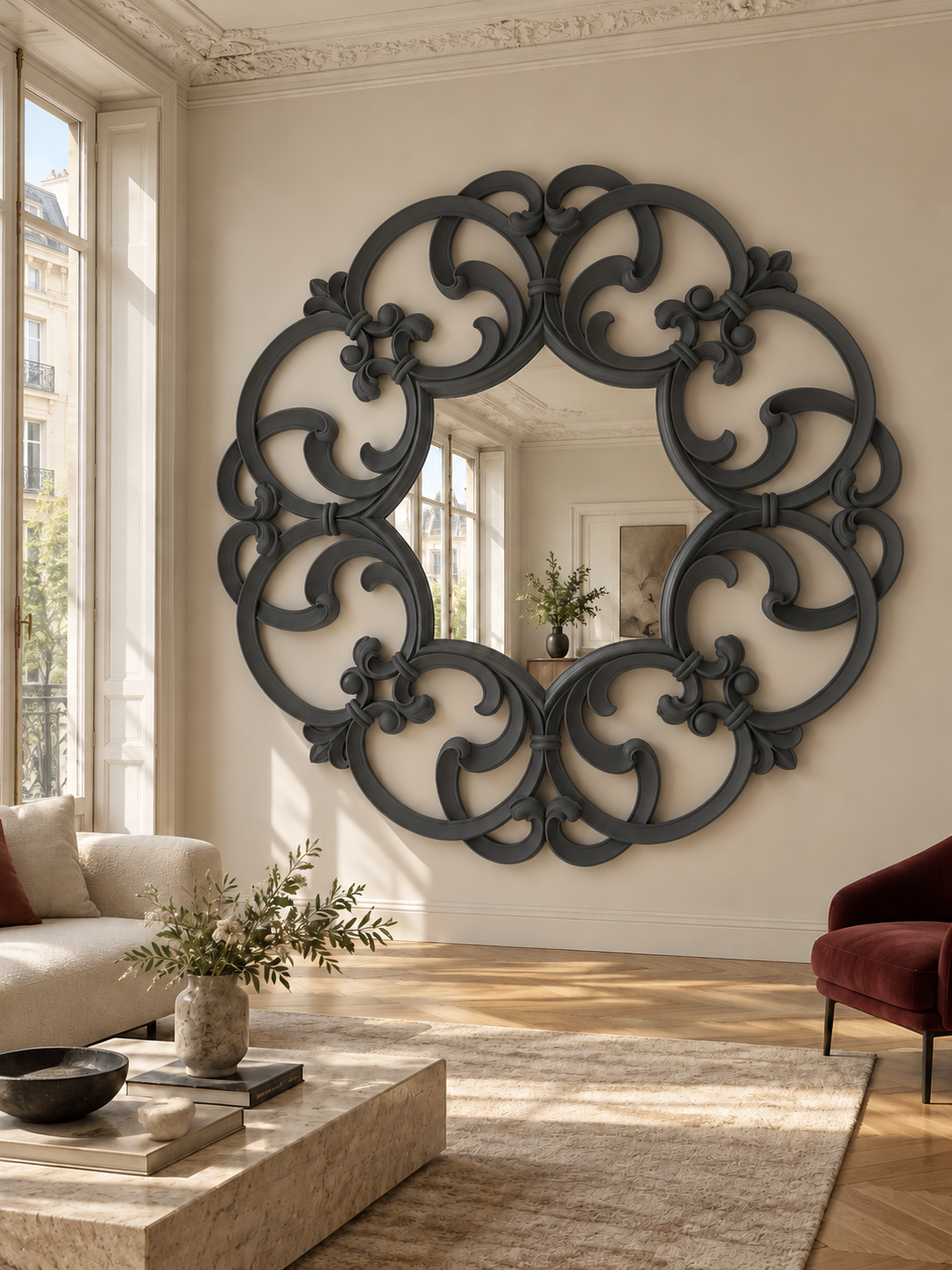 Simulazione finitura e ambientazione — Brera — grafite opaco — diametro reale 235 cm, profondità 6 cm