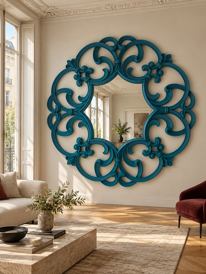 Simulazione finitura e ambientazione — Brera — petrolio opaco — diametro reale 235 cm, profondità 6 cm