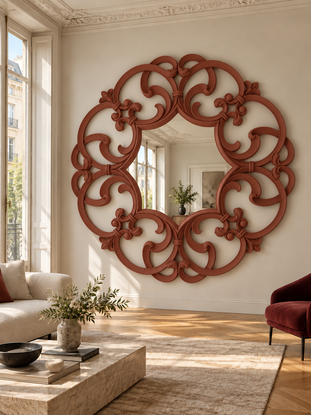 Simulazione finitura e ambientazione — Brera — terracotta opaco — diametro reale 235 cm, profondità 6 cm