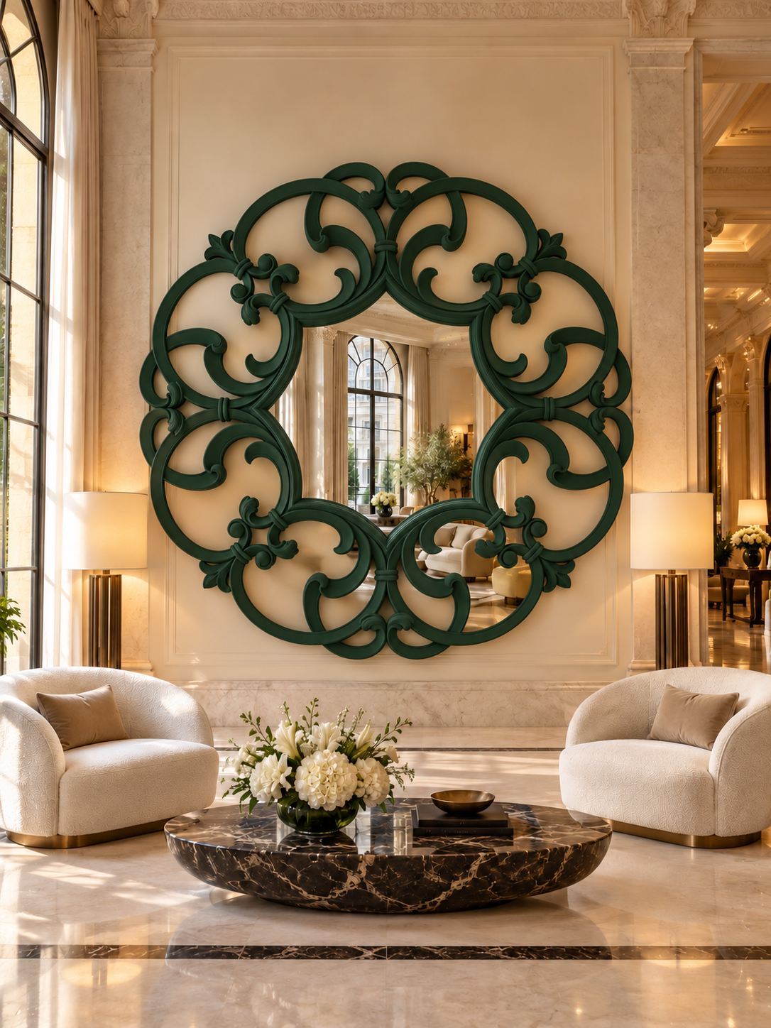 Simulazione finitura e ambientazione — Hall hotel — verde bosco — diametro reale 235 cm, profondità 6 cm