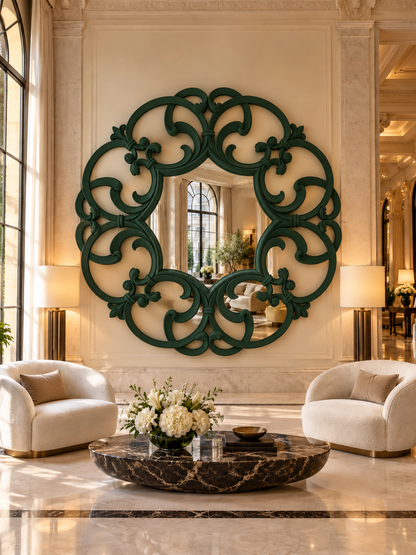 Simulazione finitura e ambientazione — Hall hotel — verde bosco — diametro reale 235 cm, profondità 6 cm