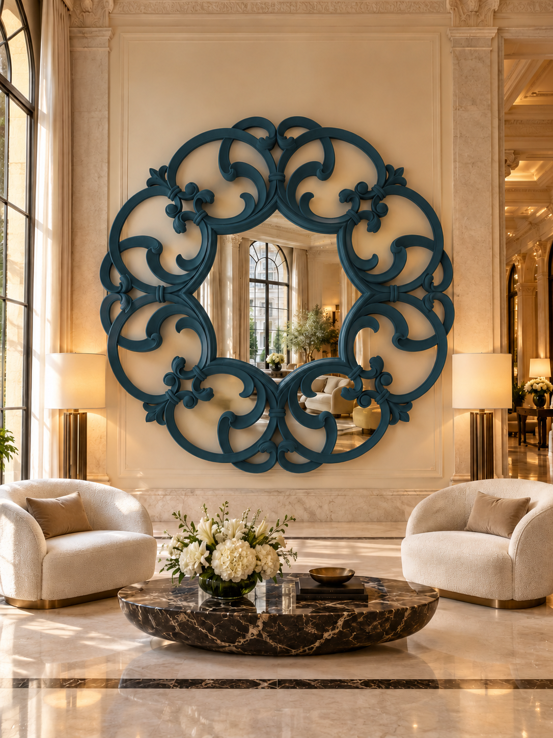 Simulazione finitura e ambientazione — Hall hotel — blu petrolio — diametro reale 235 cm, profondità 6 cm