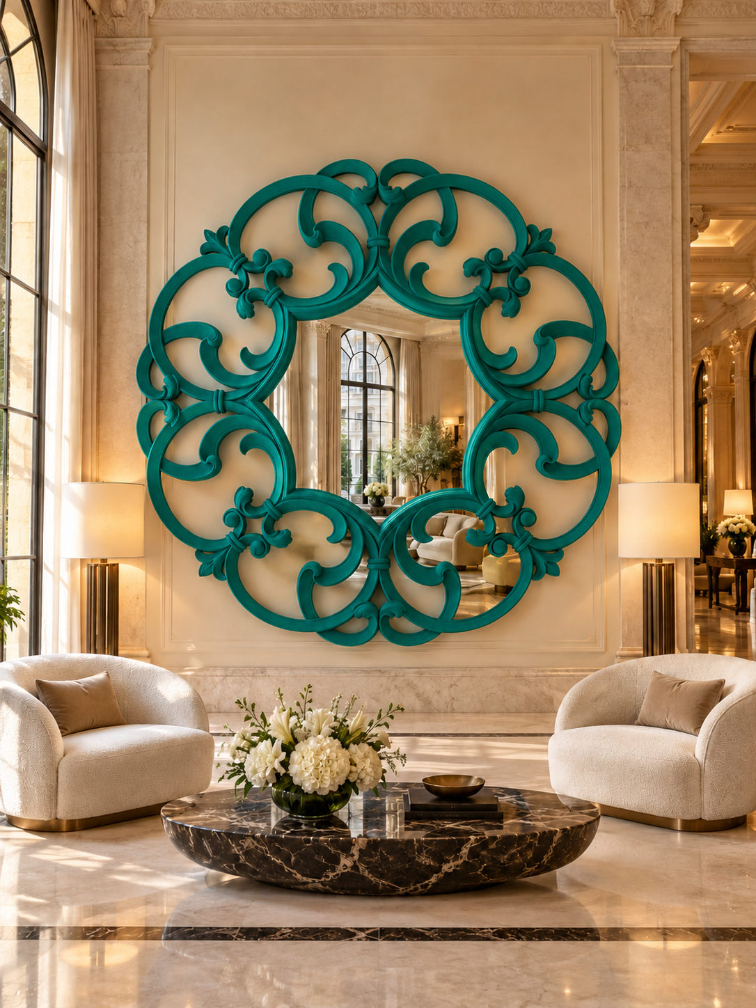 Simulazione finitura e ambientazione — Hall hotel — verde malachite — diametro reale 235 cm, profondità 6 cm