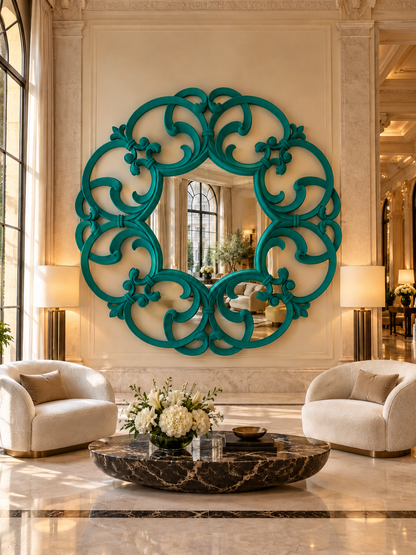 Simulazione finitura e ambientazione — Hall hotel — verde malachite — diametro reale 235 cm, profondità 6 cm